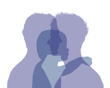 Silhouette of two gay dads with their child superimposed